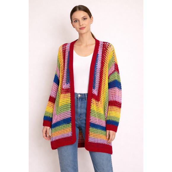 FARM Rio Sweaters - FARM Rio Rainbow Crochet Cardigan Size M Loose Knit Oversized